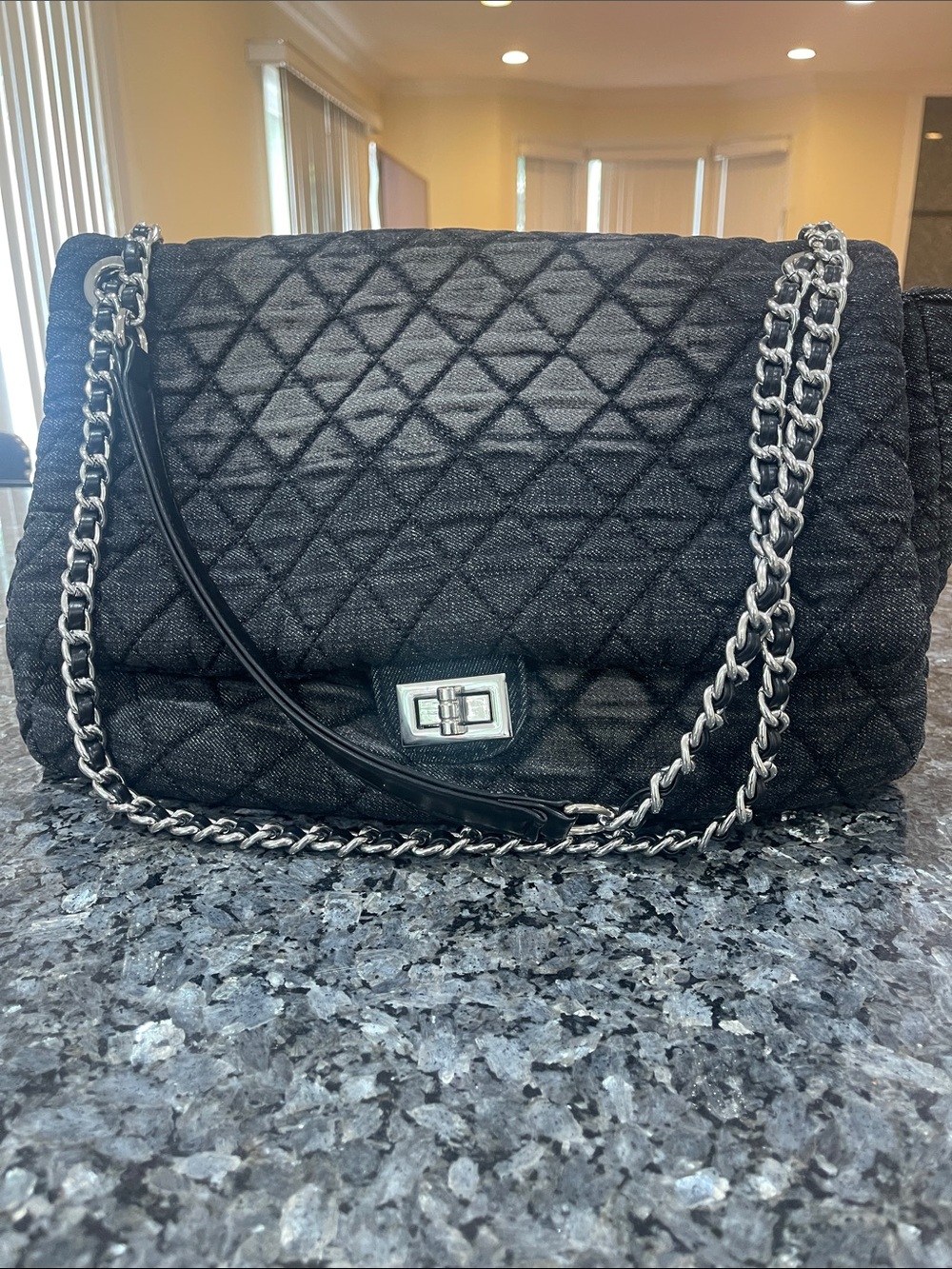 Quilted Denim Purse, Shoulder Bag and Crossbody Flap Tote Bag,Silver Chain - Picture 3 of 8